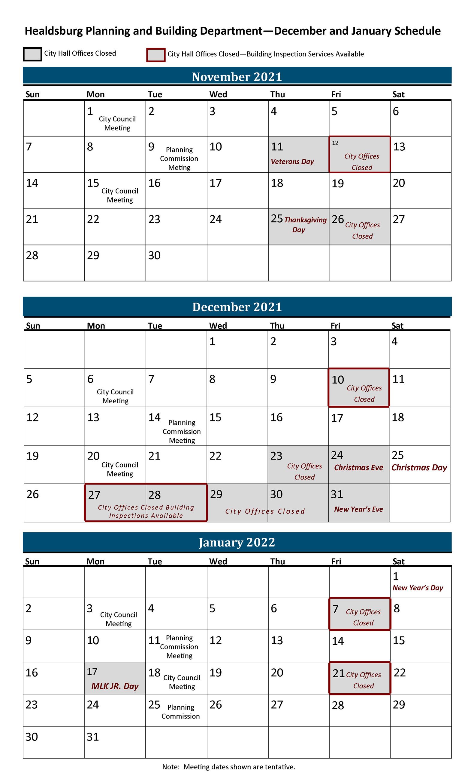 Nov 2021 through Jan 2022 office closure calendar